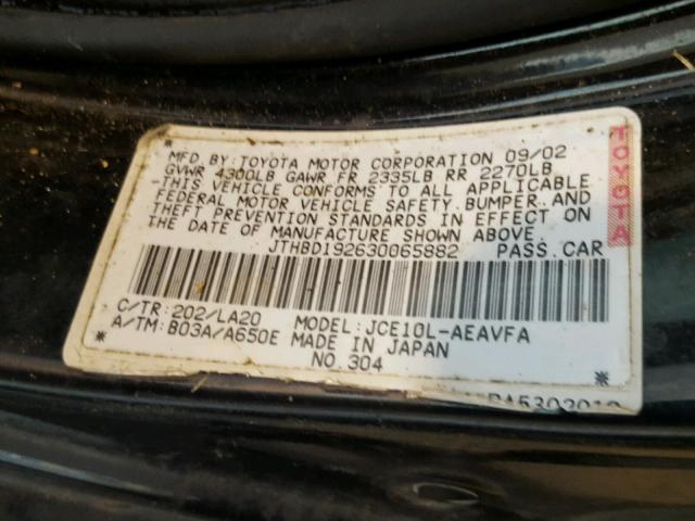 JTHBD192630065882 - 2003 LEXUS IS 300 BLACK photo 10