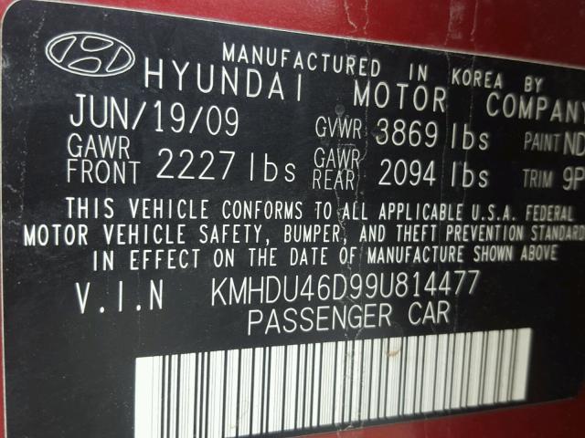 KMHDU46D99U814477 - 2009 HYUNDAI ELANTRA GL RED photo 10