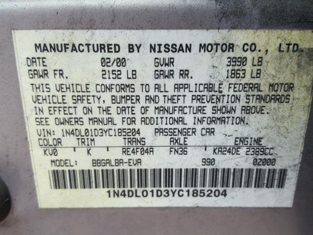 1N4DL01D3YC185204 - 2000 NISSAN ALTIMA XE TAN photo 10