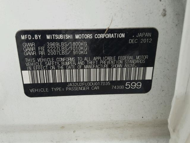 JA32U2FU3DU017035 - 2013 MITSUBISHI LANCER ES/ WHITE photo 10