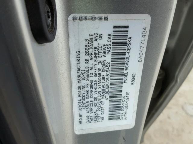 4T1BE32K72U519452 - 2002 TOYOTA CAMRY LE SILVER photo 10