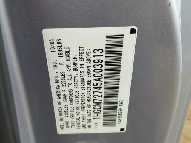 1HGCM72745A003913 - 2005 HONDA ACCORD EX 银色 照片 10
