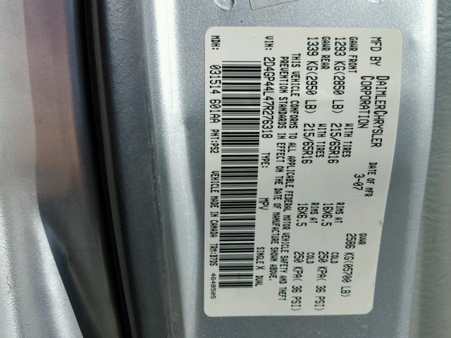 2D4GP44L47R276318 - 2007 DODGE GRAND CARA SILVER photo 10