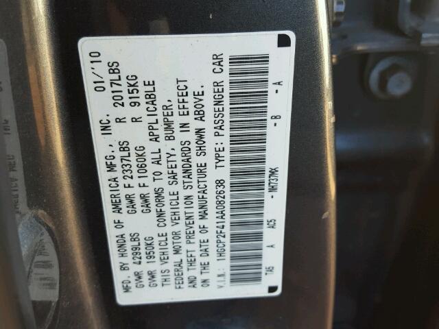 1HGCP2F41AA082638 - 2010 HONDA ACCORD LXP GRAY photo 10