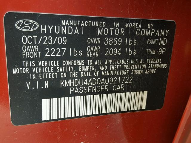 KMHDU4AD0AU921722 - 2010 HYUNDAI ELANTRA BL BURGUNDY photo 10