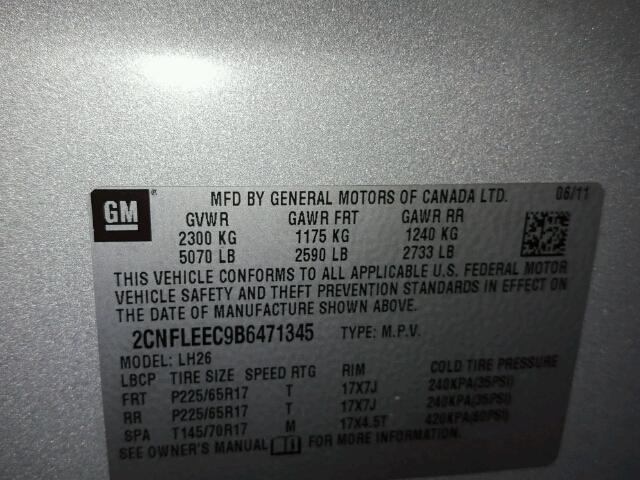 2CNFLEEC9B6471345 - 2011 CHEVROLET EQUINOX LT GRAY photo 10