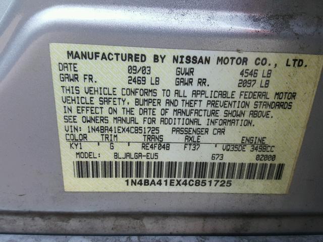 1N4BA41EX4C851725 - 2004 NISSAN MAXIMA SE SILVER photo 10