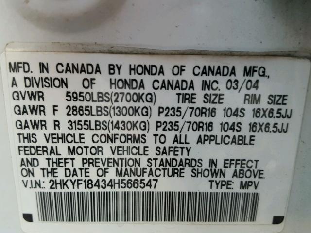 2HKYF18434H566547 - 2004 HONDA PILOT EX WHITE photo 10