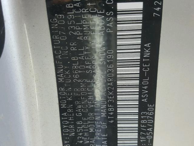 4T4BF3EK2AR036190 - 2010 TOYOTA CAMRY BASE SILVER photo 10