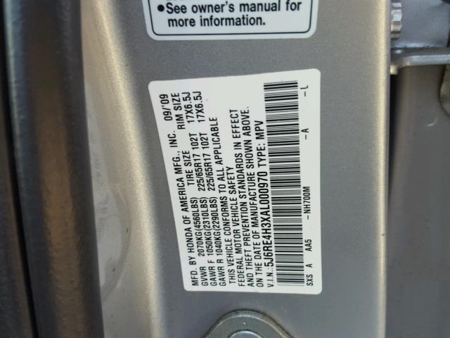 5J6RE4H3XAL000970 - 2010 HONDA CR-V LX SILVER photo 10