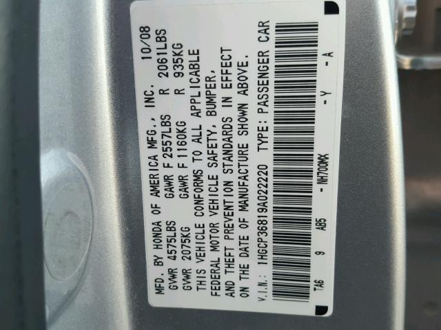 1HGCP36819A022220 - 2009 HONDA ACCORD EXL SILVER photo 10