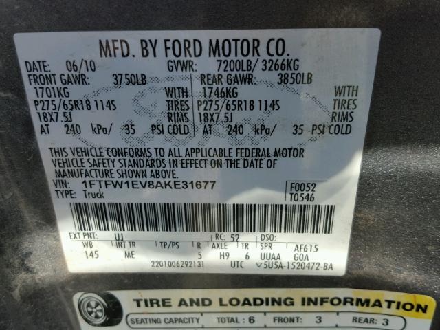 1FTFW1EV8AKE31677 - 2010 FORD F150 SUPER GRAY photo 10