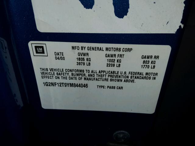 1G2NF12T9YM844046 - 2000 PONTIAC GRAND AM S BLUE photo 10