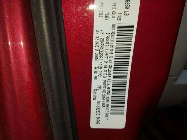 2D4RN4DE2AR114419 - 2010 DODGE GRAND CARA RED photo 10