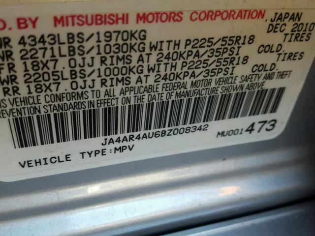 JA4AR4AU6BZ008342 - 2011 MITSUBISHI OUTLANDER SILVER photo 10