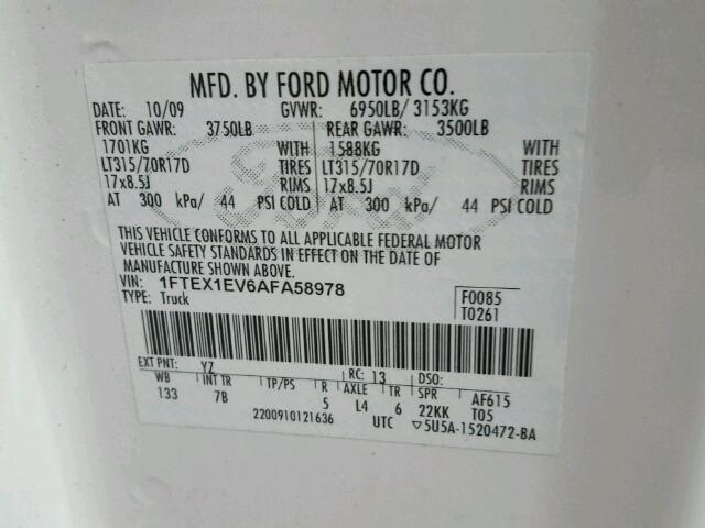 1FTEX1EV6AFA58978 - 2010 FORD F150 SUPER WHITE photo 10