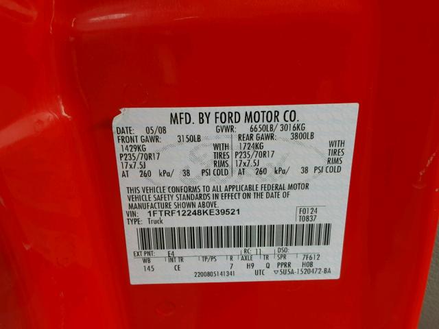 1FTRF12248KE39521 - 2008 FORD F150 RED photo 10