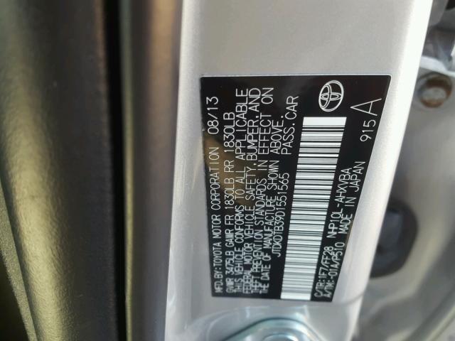 JTDKDTB39D1551565 - 2013 TOYOTA PRIUS C SILVER photo 10