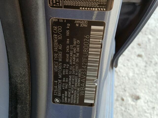 WBAAV33421FU80026 - 2001 BMW 325 I BLUE photo 10