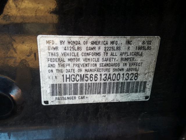 1HGCM56613A001328 - 2003 HONDA ACCORD EX BLACK photo 10