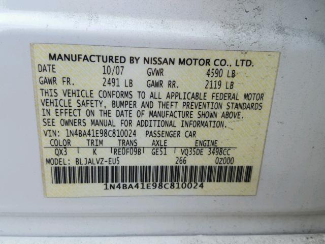 1N4BA41E98C810024 - 2008 NISSAN MAXIMA SE WHITE photo 10