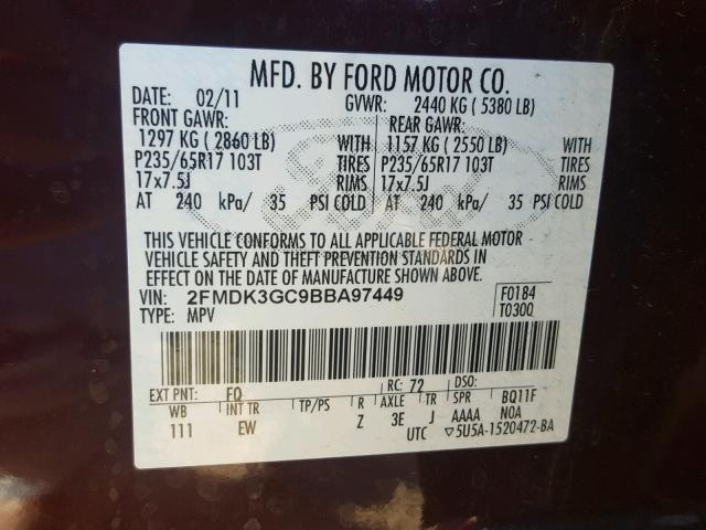 2FMDK3GC9BBA97449 - 2011 FORD EDGE SE MAROON photo 10