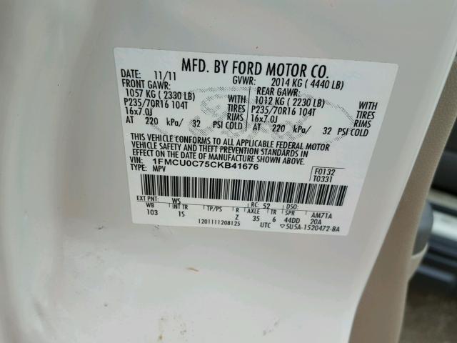 1FMCU0C75CKB41676 - 2012 FORD ESCAPE XLS WHITE photo 10