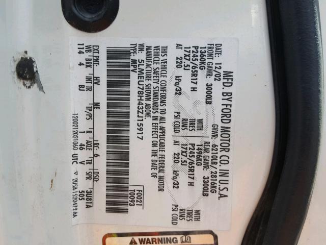 5LMEU78H43ZJ15917 - 2003 LINCOLN AVIATOR 奶油色 照片 10