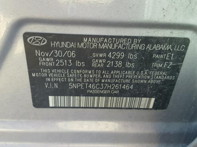 5NPET46C37H261464 - 2007 HYUNDAI SONATA GRAY photo 10