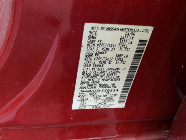 1N6AA07A46N559334 - 2006 NISSAN TITAN XE BURGUNDY photo 10