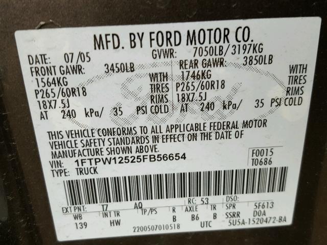 1FTPW12525FB56654 - 2005 FORD F150 SUPER GREEN photo 10