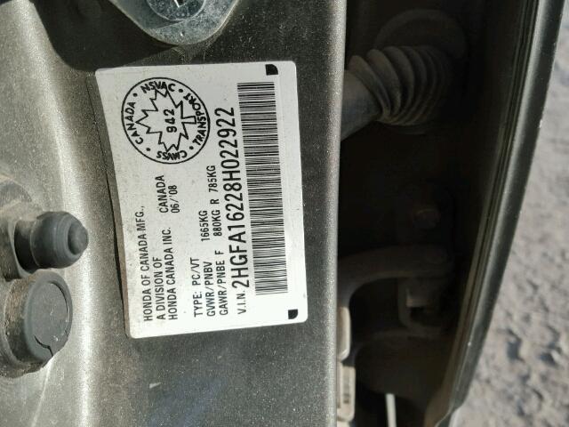 2HGFA16228H022922 - 2008 HONDA CIVIC DX GRAY photo 10