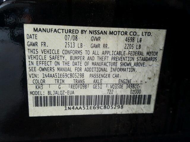 1N4AA51E69C805298 - 2009 NISSAN MAXIMA S BLACK photo 10