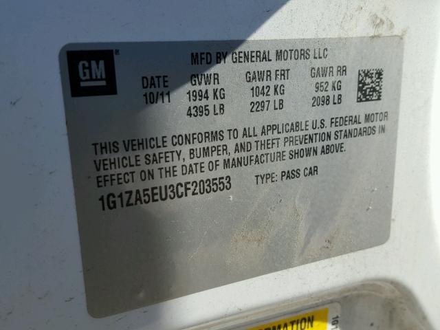 1G1ZA5EU3CF203553 - 2012 CHEVROLET MALIBU LS Ağ foto 10