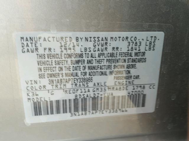 3N1AB7AP7EY338966 - 2014 NISSAN SENTRA S SILVER photo 10