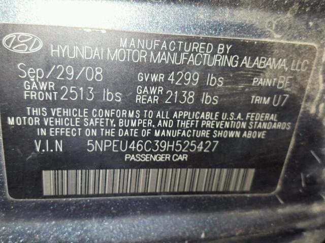 5NPEU46C39H525427 - 2009 HYUNDAI SONATA SE BLUE photo 10