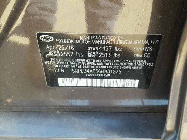 5NPE34AF5GH431275 - 2016 HYUNDAI SONATA SPO BROWN photo 10