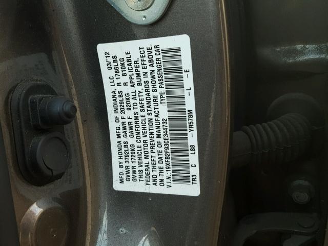 19XFB2F93CE344732 - 2012 HONDA CIVIC EXL CHARCOAL photo 10