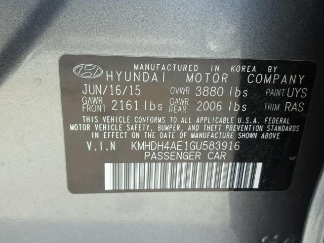 KMHDH4AE1GU583916 - 2016 HYUNDAI ELANTRA SE GRAY photo 10