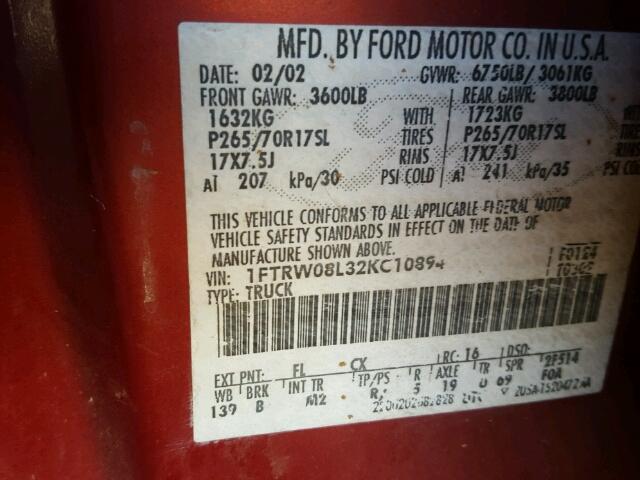 1FTRW08L32KC10894 - 2002 FORD F150 SUPER BURGUNDY photo 10