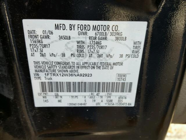 1FTRX12W36NA92923 - 2006 FORD F150 BLACK photo 10