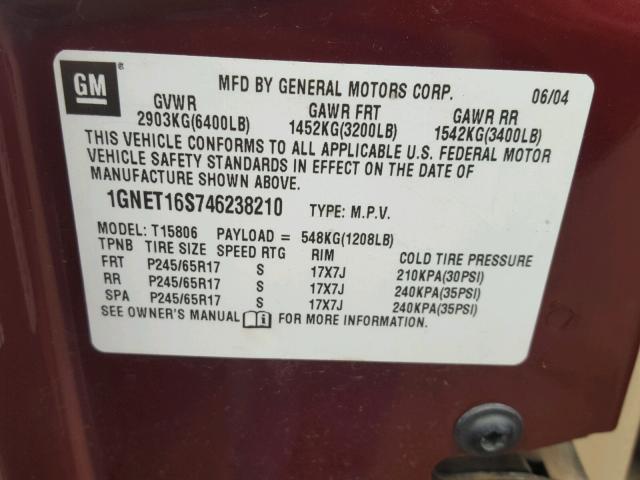 1GNET16S746238210 - 2004 CHEVROLET TRAILBLAZE MAROON photo 10