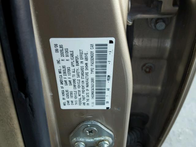 1HGCM66347A012681 - 2007 HONDA ACCORD LX GOLD photo 10