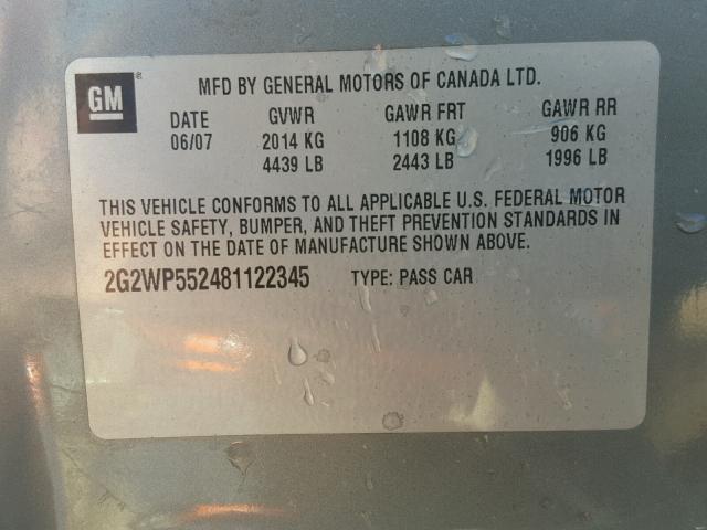 2G2WP552481122345 - 2008 PONTIAC GRAND PRIX GRAY photo 10