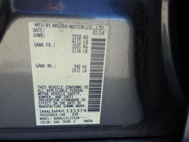 1N4AL3AP4FC135374 - 2015 NISSAN ALTIMA 2.5 SILVER photo 10