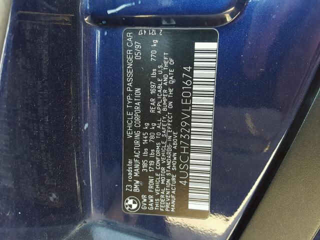 4USCH7329VLE01674 - 1997 BMW Z3 1.9 BLUE photo 10