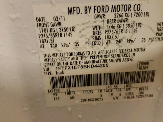 1FTFX1EF8BKD44255 - 2011 FORD F150 SUPER WHITE photo 10