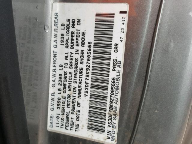 YS3DF78K927005666 - 2002 SAAB 9-3 GRAY photo 10