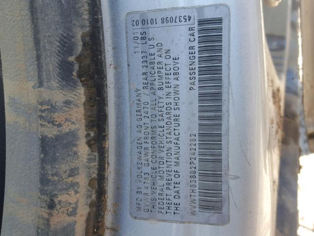 WVWTH63B82P242292 - 2002 VOLKSWAGEN PASSAT GLX SILVER photo 10