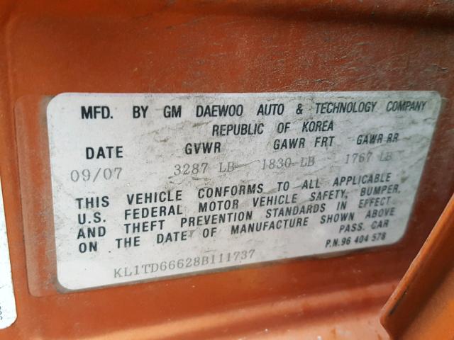 KL1TD66628B111737 - 2008 CHEVROLET AVEO BASE Қызғылт сары фото 10